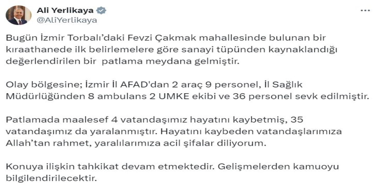 Bakan Yerlikaya: "Patlamada maalesef 4 vatandaşımız hayatını kaybetti"